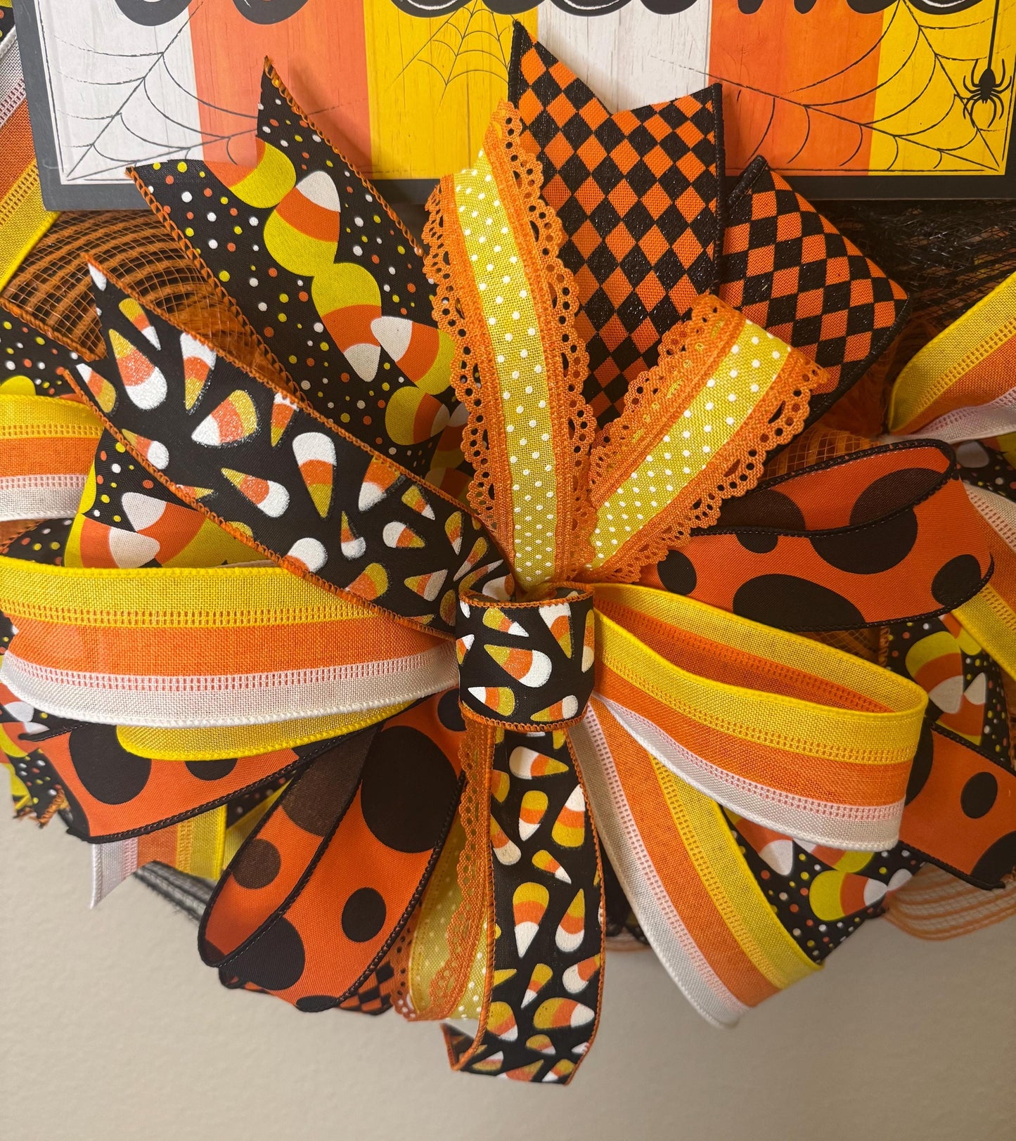 Halloween Welcome Wreath, Halloween Candy Corn Wreath, Whimsical Halloween Wreath, Bright Candy Corn Halloween Wreath, Candy Corn Door Decor