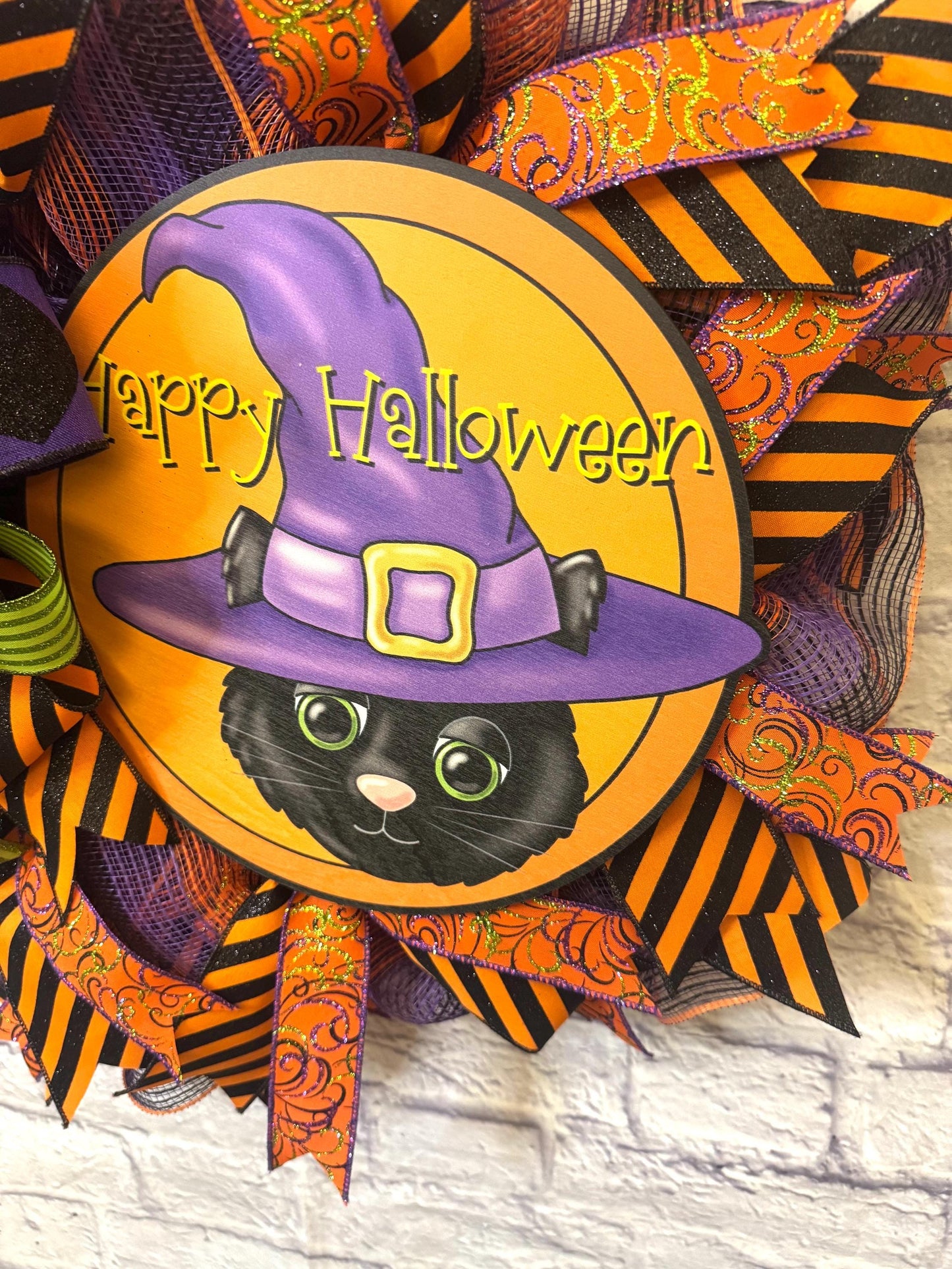Happy Halloween Wreath for Front Door, Halloween Black Cat Sign, Witches Hat Sign, Happy Halloween Door Hanger, Black Cat Door Hanget