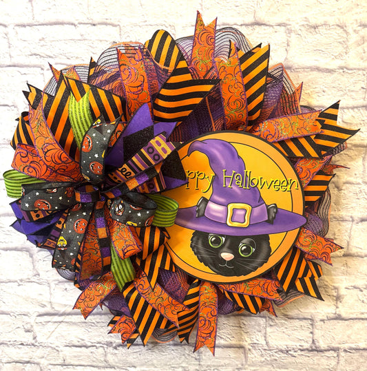 Happy Halloween Wreath for Front Door, Halloween Black Cat Sign, Witches Hat Sign, Happy Halloween Door Hanger, Black Cat Door Hanget